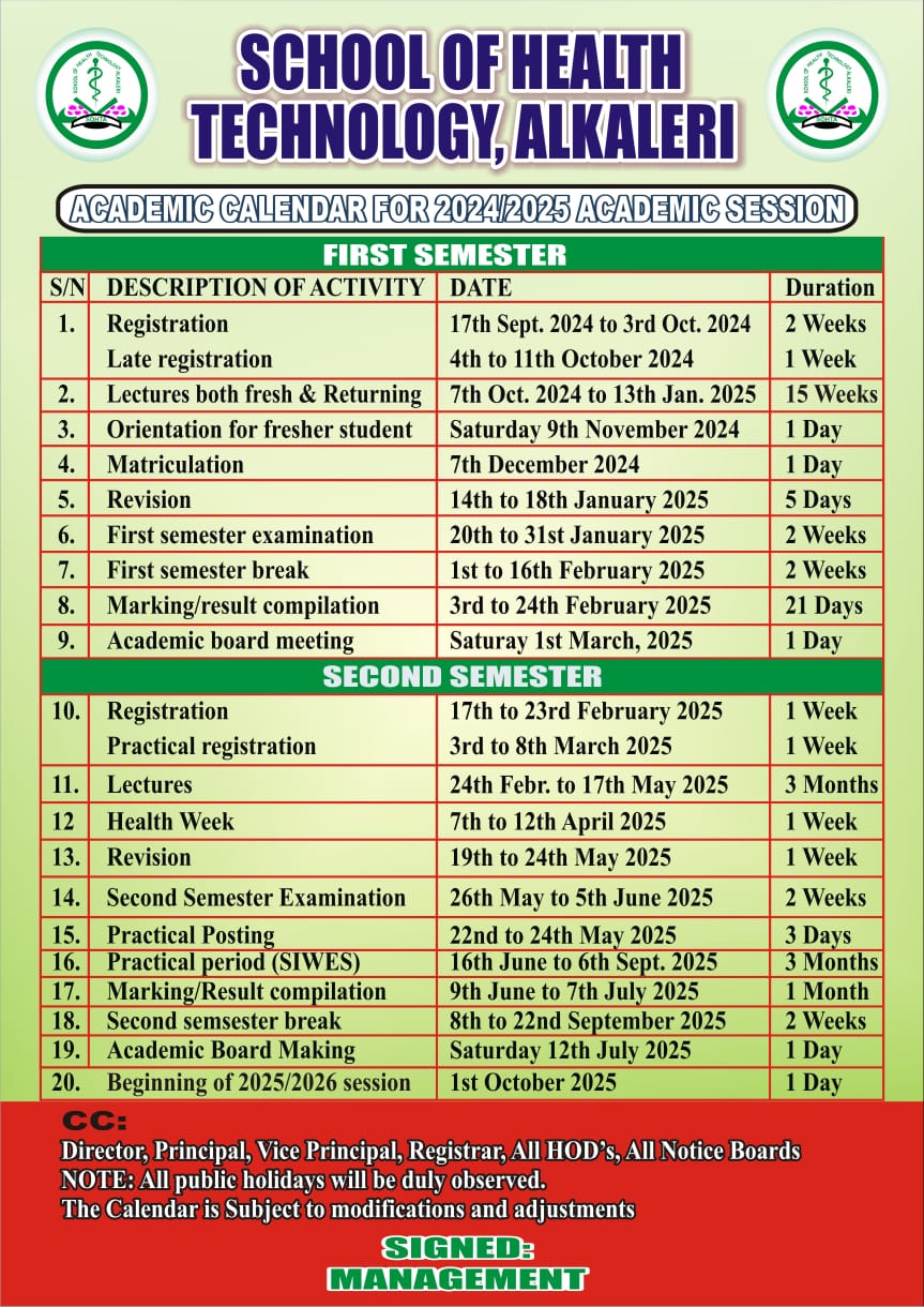 ACADEMIC CALENDER 2024/2025 ACADEMIC SESSION