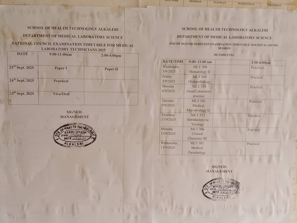 END OF SECOND SEMESTER AND NATIONAL EXAMS FOR M.L.T TIMES TABLE